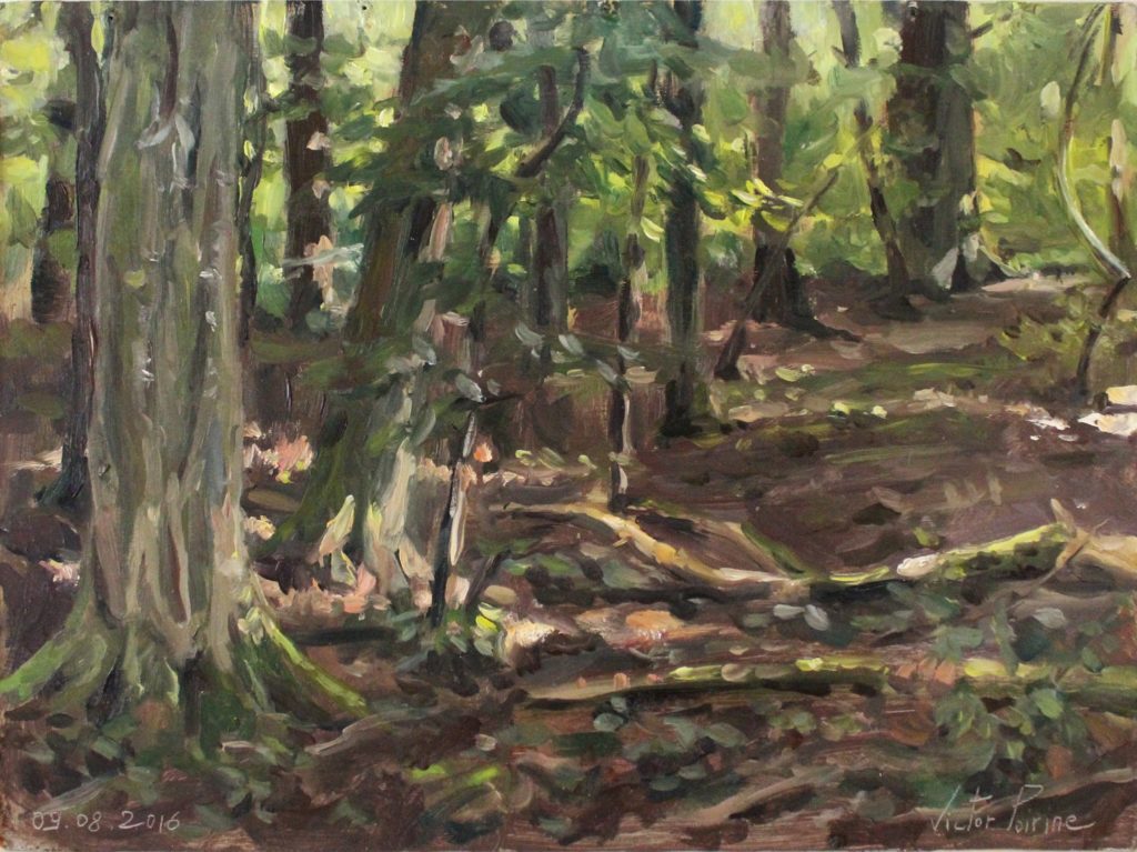 300euros - Peinture à l\'huile sur panneau dans les bois, près du chemin du vieux loup partant de Flainvalle30,7x22,9cm