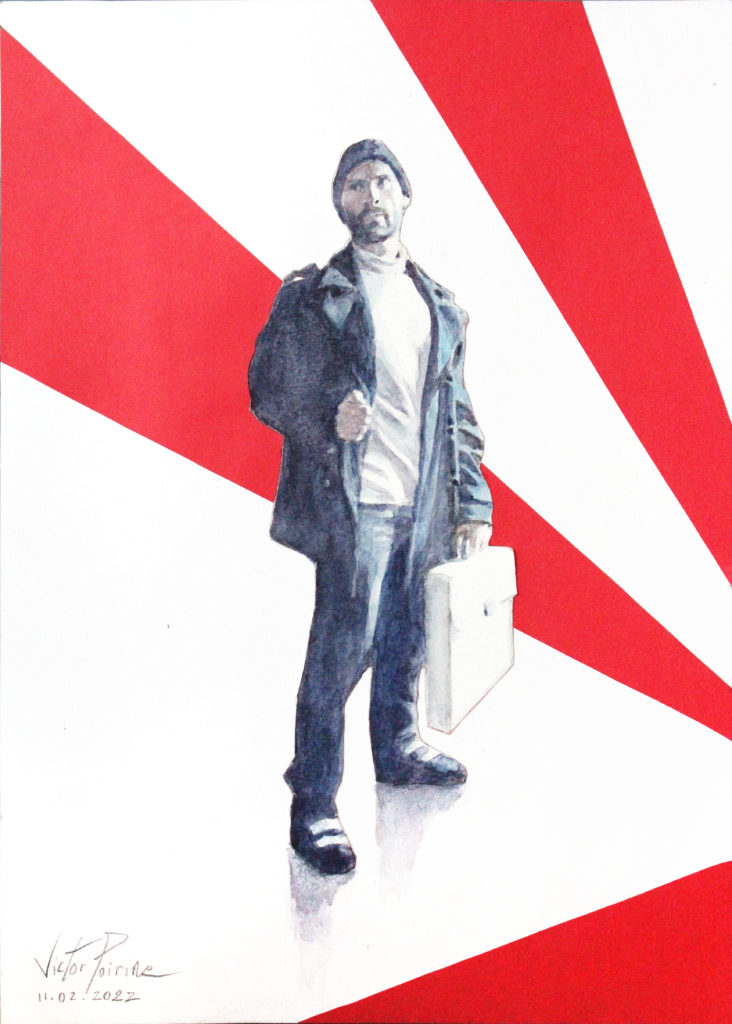 200euros - Autoportrait à la valise blanche sur rayons rouges. Aquarelle et papier découpé. A4