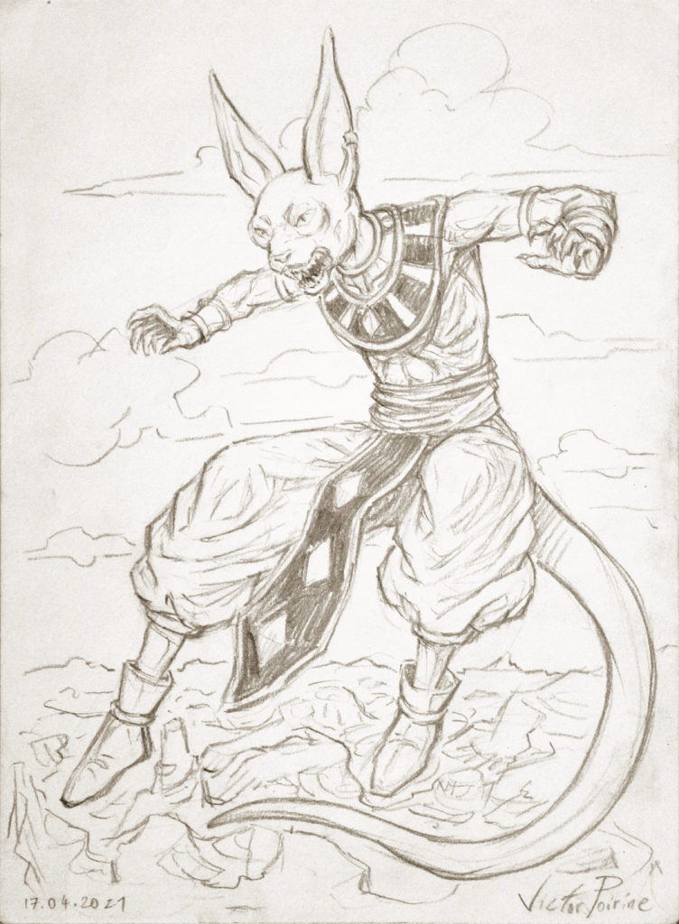 150euros - Beerus, personnage de Dragon Ball, au crayon sur papier de 21X28,5cm