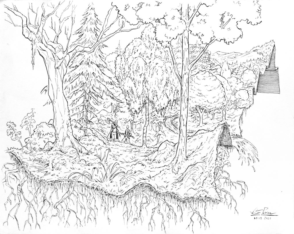 1000 euros - Bûcheron et son apprenti dans un forceau de forêt. Plume et encre de Chine. 40X32cm
