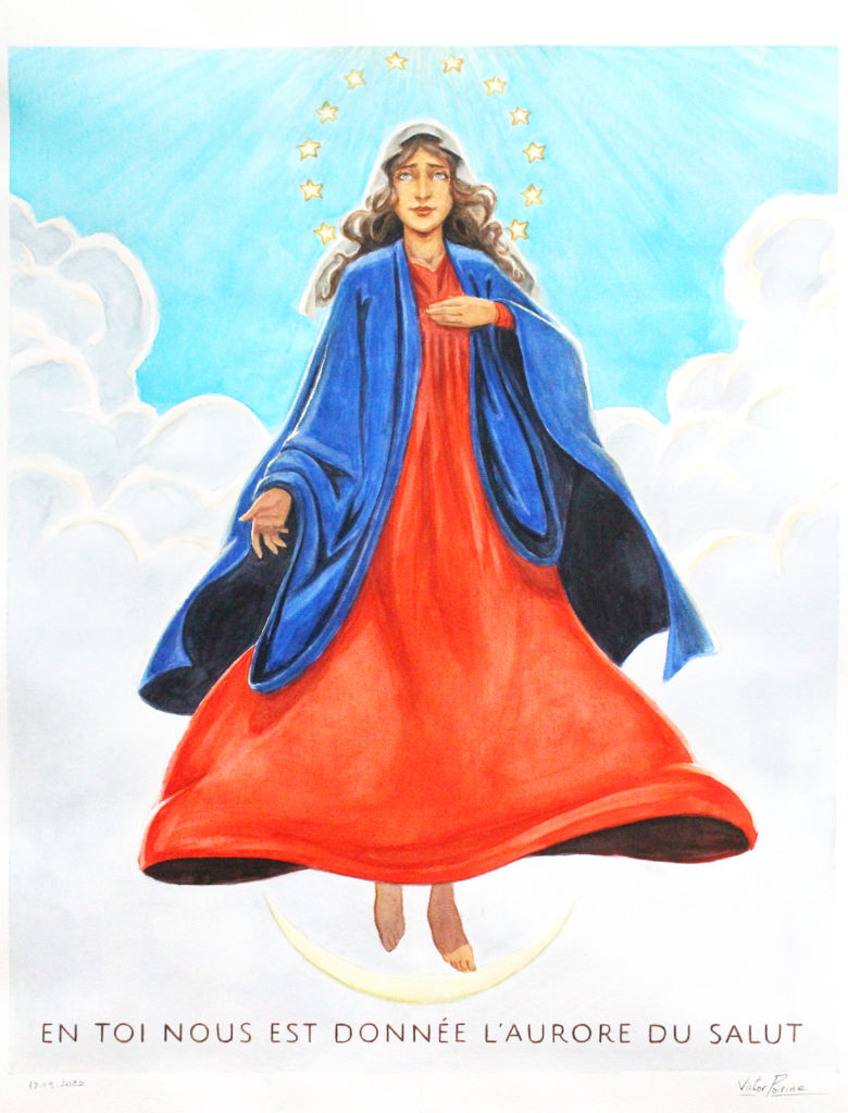 Commande - Vierge Marie stylisée. Aquarelle de 40x50cm