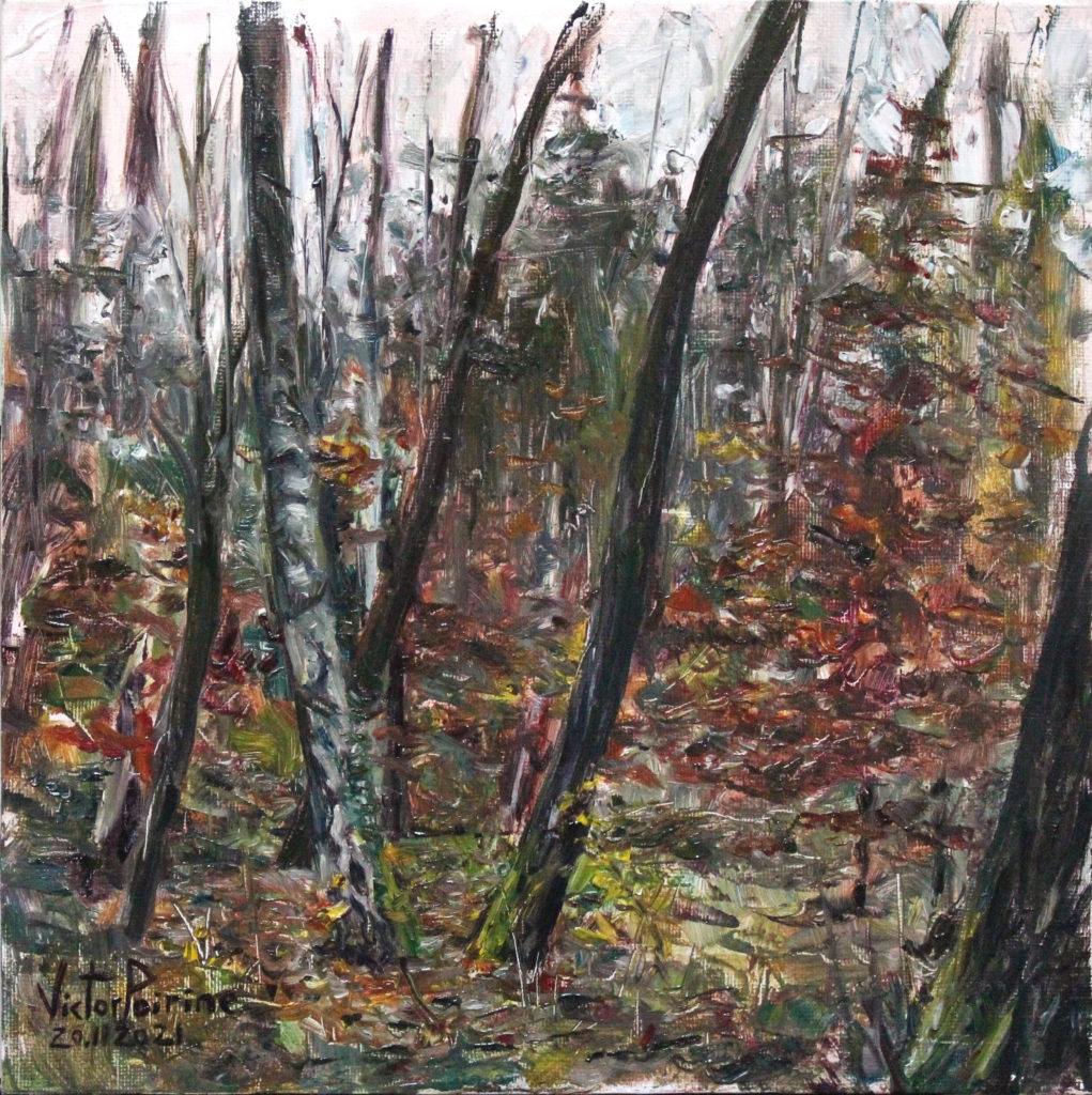 300euros - Dans les bois humides à l\'automne. Peinture à l\'huile sur panneau entoilé de 25X25cm