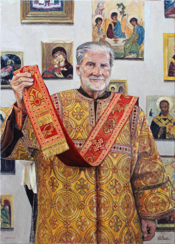 Commande, Vendu - Diacre russe orthodoxe entouré d'icônes. Huile sur toile de70X50cm.