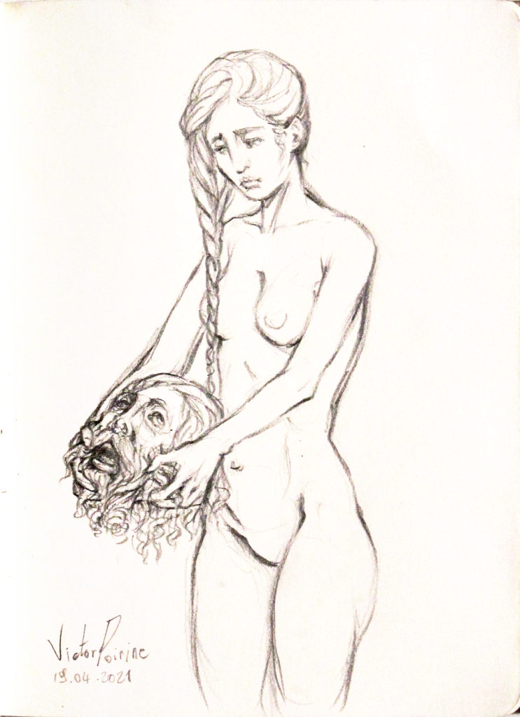 90 euros - Femme nue tenant la trête coupée d'un homme barbu. Dessin réalisé dans mon carnet. Page de 15X21cm