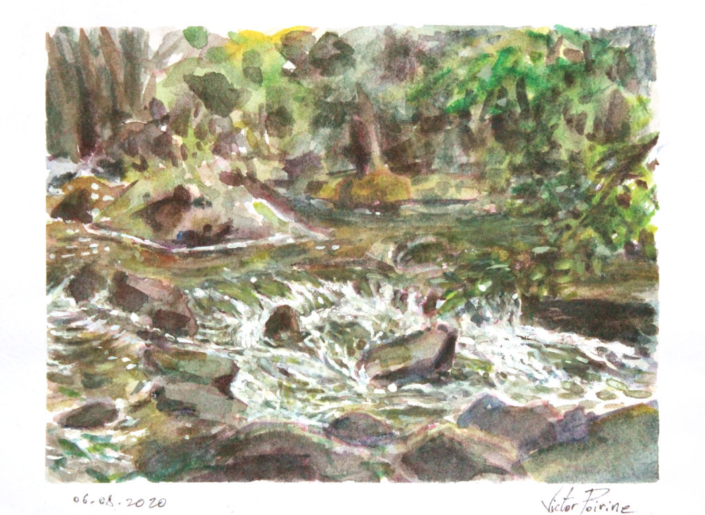 150euros - Petite rivière à Pontmain. Aquarelle et gouache de 15,5x11cm. 06.08.2020