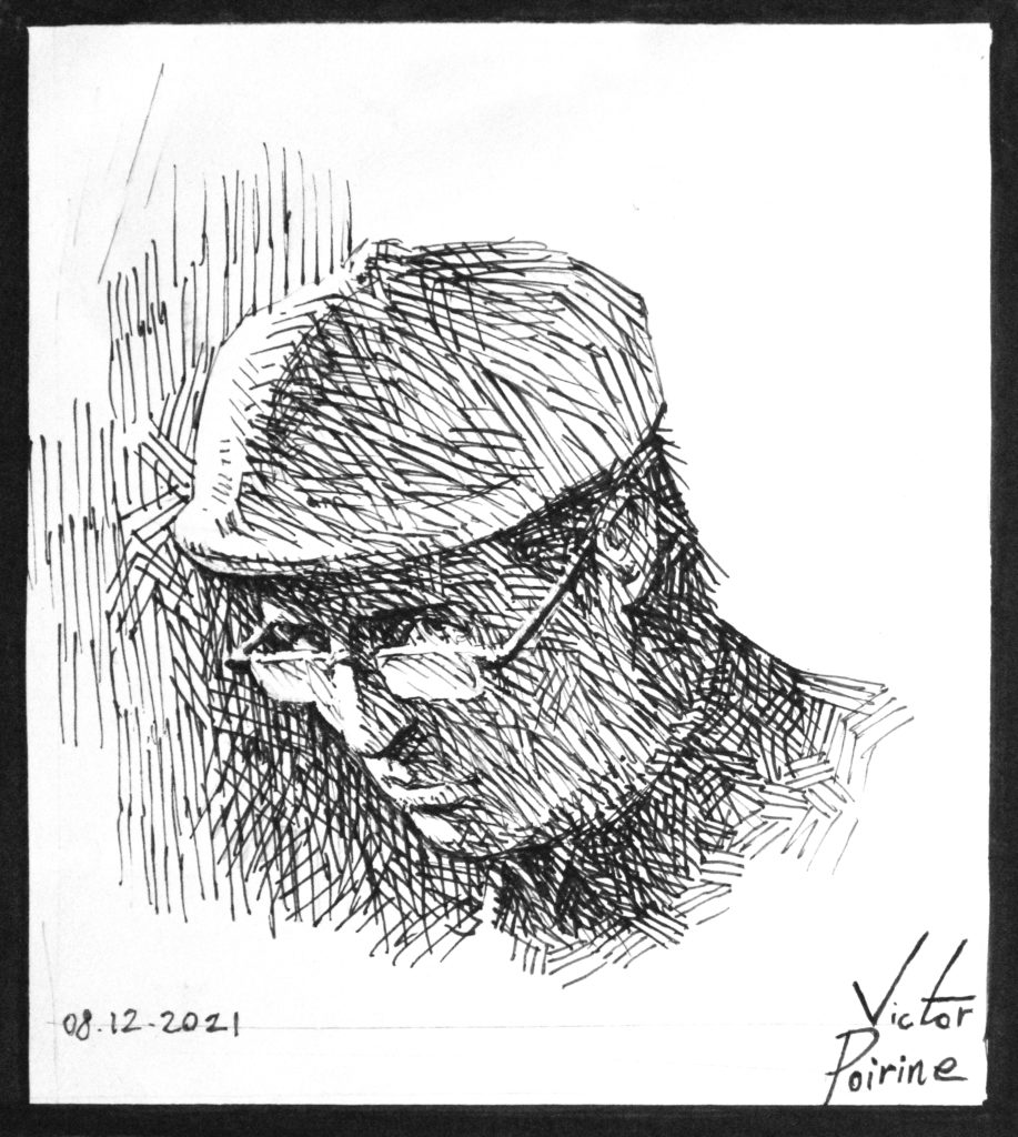110 euros - Portrait achuré d'un homme avec un beret. Feutre encre noir sur papier de 11,8X13,1cm