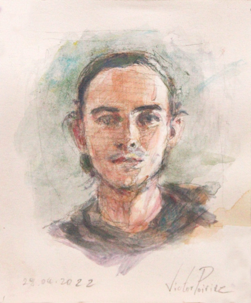 100euros - Portrait de Rémi. Crayon et Gouache sur papier. 11X13,5cm
