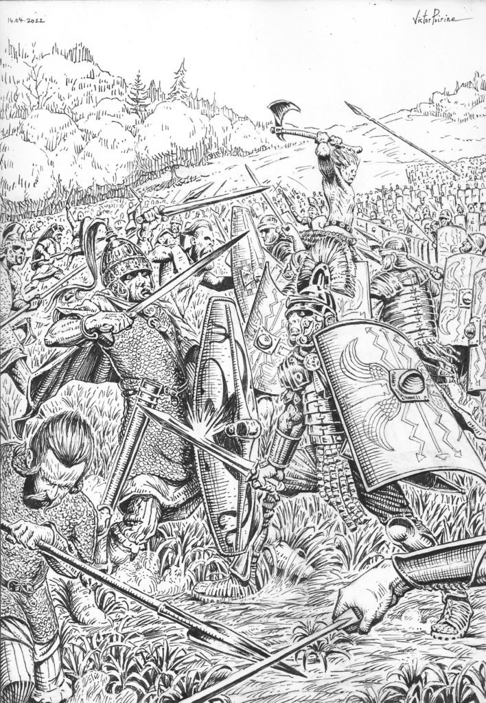 bataille de gaulois contre des romains, dans mon carnet dédié aux personnages. Encre de Chine sur A4