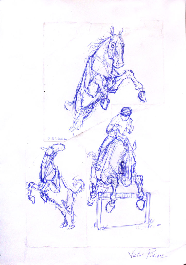 90 euros - croquis de chevaux au stylo, réunis sur une page de 29,3X20,7cm