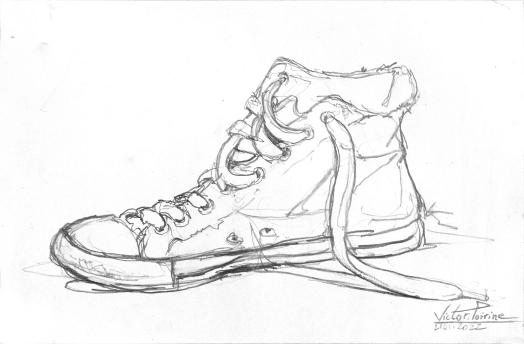 100euros - croquis d'une chaussure réalisée en cours à l'IAE pour donner un exemple de croquis en ligne déroulée. 17X25,8cm