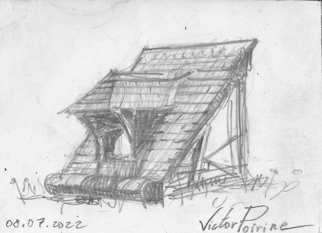70euros - croquis d'une toiture réalisé en cours chez les compagnons du devoir. Crayon sur papier. 11X8cm