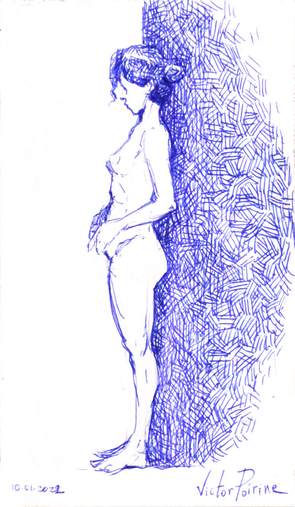 100 euros - femme nue de profil, au stylo sur un papier de 9,4X16,2cm