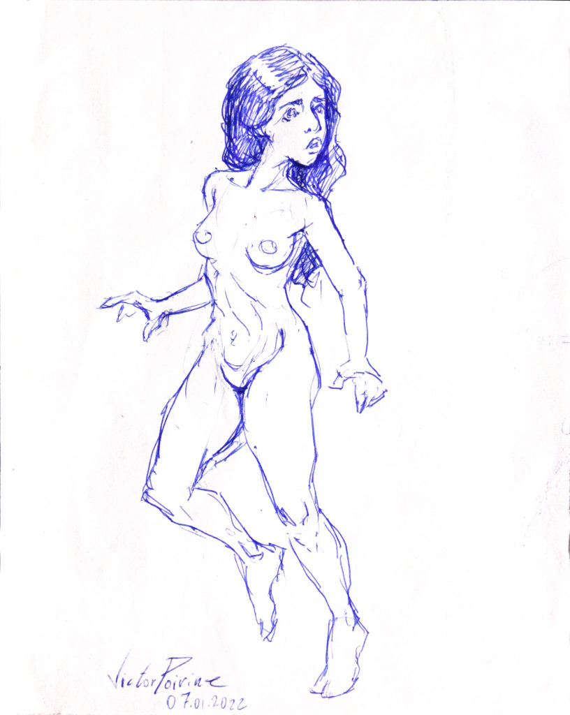 90 euros - femme nue se retournant, stylo sur papier de 15,5X19,2cm