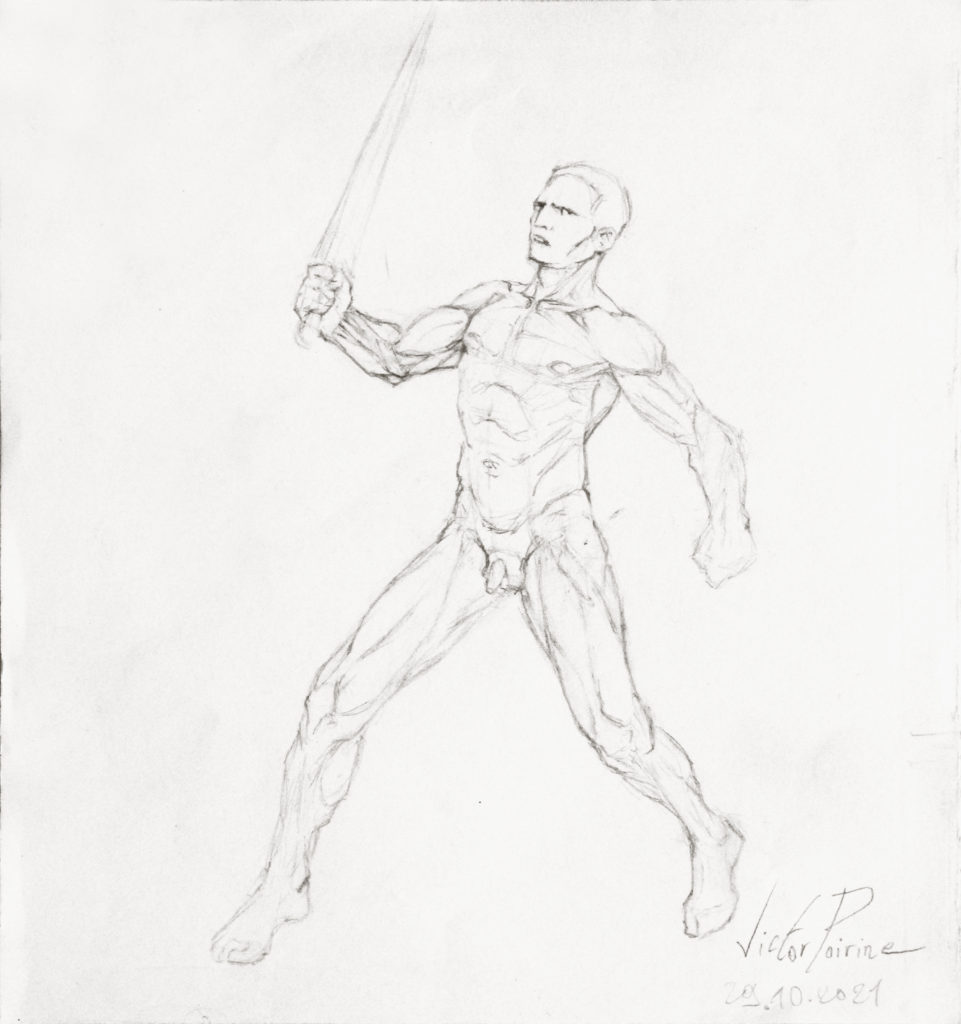 90euros - guerrier antique, étude anatomique. Crayon sur papier de 18,8X20cm