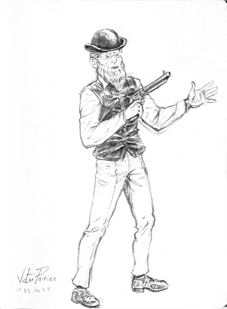 90 euros - homme barbu au chapeau melon et au revolver. Dessin réalisé dans mon carnet. Page de 15X21cm