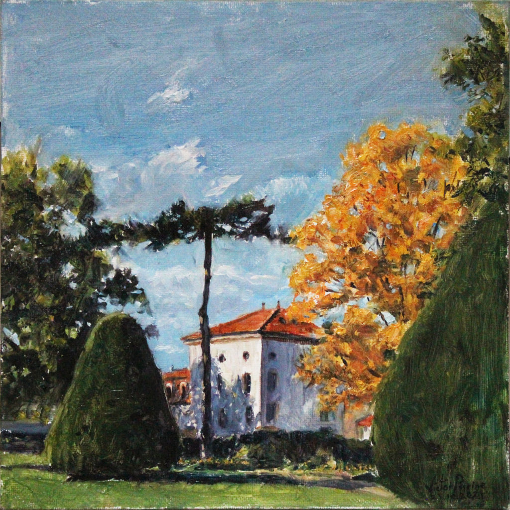 350euros - peinture d\' automne au parc Hanus de Saint-Nicolas-de-Port, huile sur panneau entoilé, 25X25cm